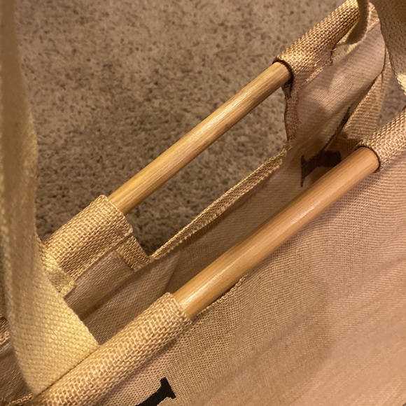 Feizy Burlap Tote with Wooden Handles & Canvas Straps - Picture 4 of 5